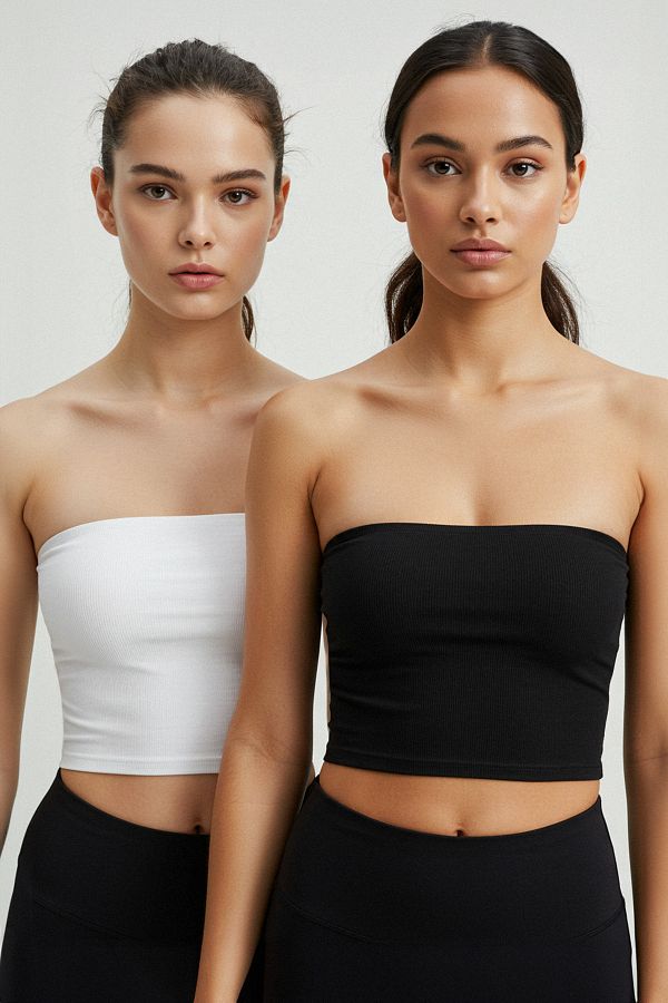 Trendyol Collection-Black to White 2-Piece Seamless Ribbed Strapless Knitted Sports Bra 1