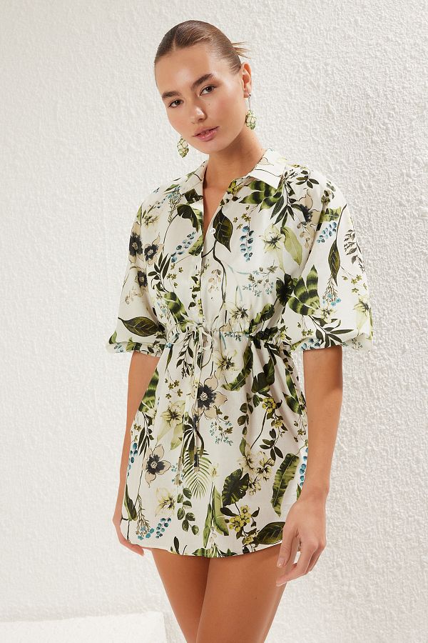 Trendyol Collection-Tropical Print Mini Woven Drawstring Detail 100% Cotton Beach Dress Tbess25El00021 1