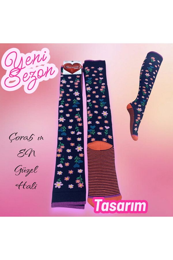 garanti çorap-Knee Length Navy Floral Towel Socks 1