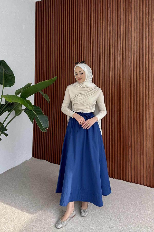 Melike Tatar-Dark Blue Elastic Waist Skirt 3-2225 1