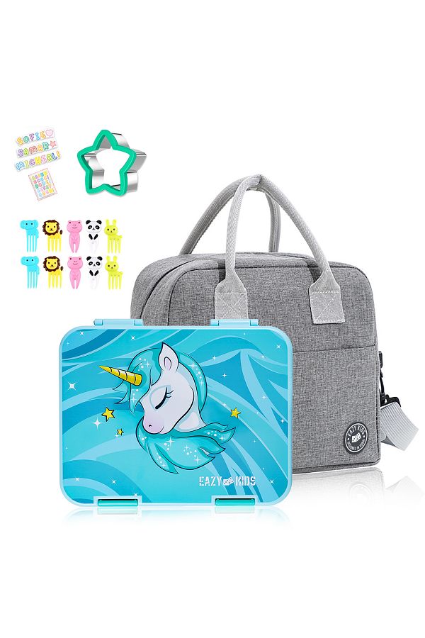 Eazy Kids-Eazy Kids Unicorn Green 6 / 4 Compartment Bento Lunch Box w / Lunch Bag - Grey 1