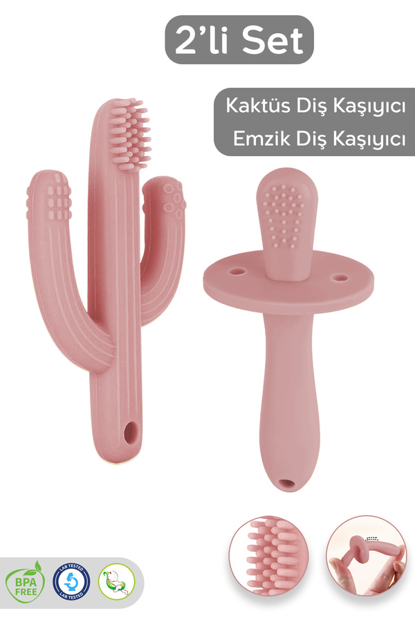 Meleni Baby 2'li Bebek Diş Kaşıyıcı Seti - Silikon Diş Kaşıma Emziği, Kaktüs Silikon Diş Kaşıyıcı - Pembe
