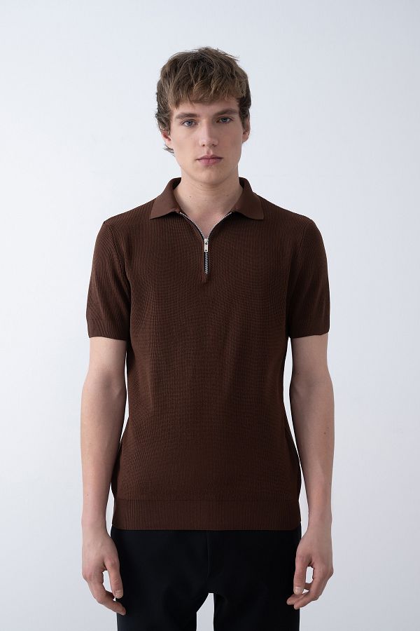 İLKCET MODA-Μπλουζάκι Basic Knitwear με γιακά με φερμουάρ 1