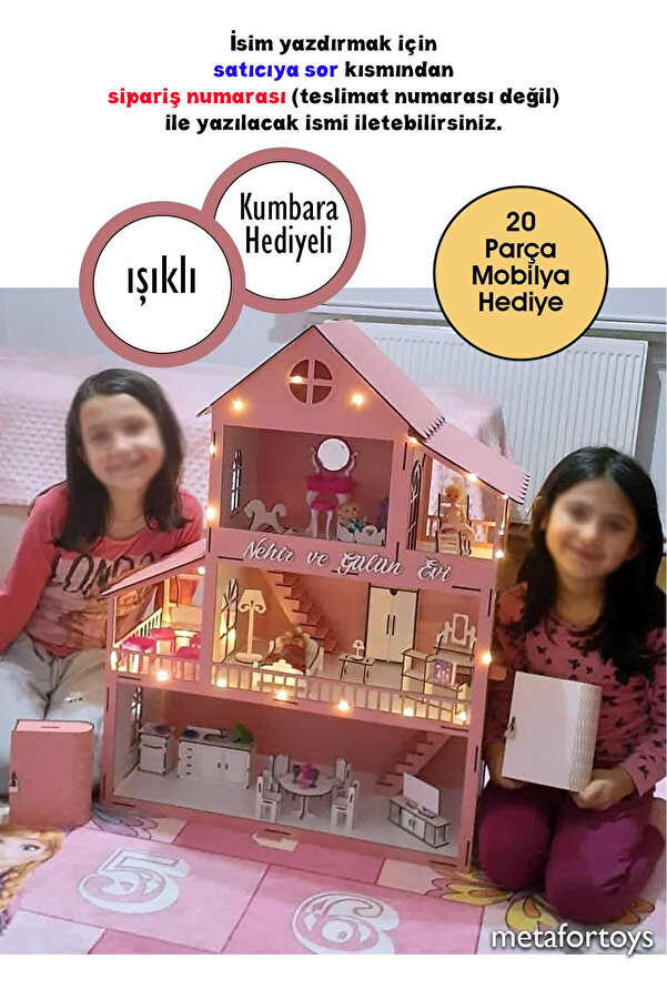 metafortoys 60 Cm Işıklı Ahşap Oyun Evi (PEMBE)