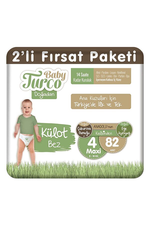 Baby Turco Doğadan 2'li Fırsat Paketi Külot Bez 4 Numara Maxi 82 Adet