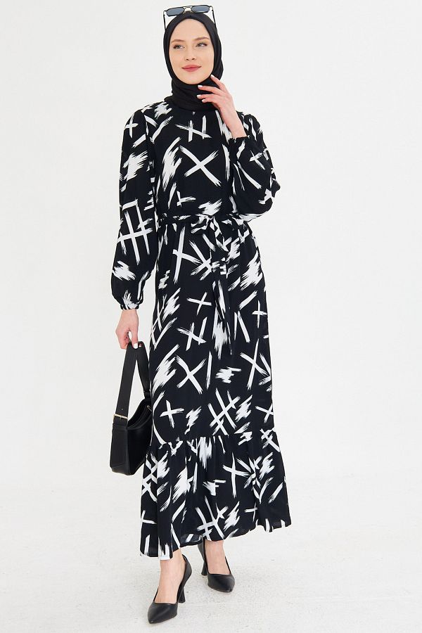 armonika-Women's Black Crew Neck Long Hijab Dress with Zipper Back Hem Ruffled Belt Arm-25K 001101 1
