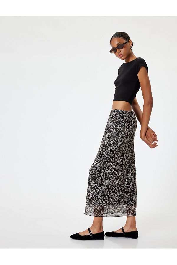 Koton-Standard Waist Leopard Patterned Tulle Midi Skirt 1
