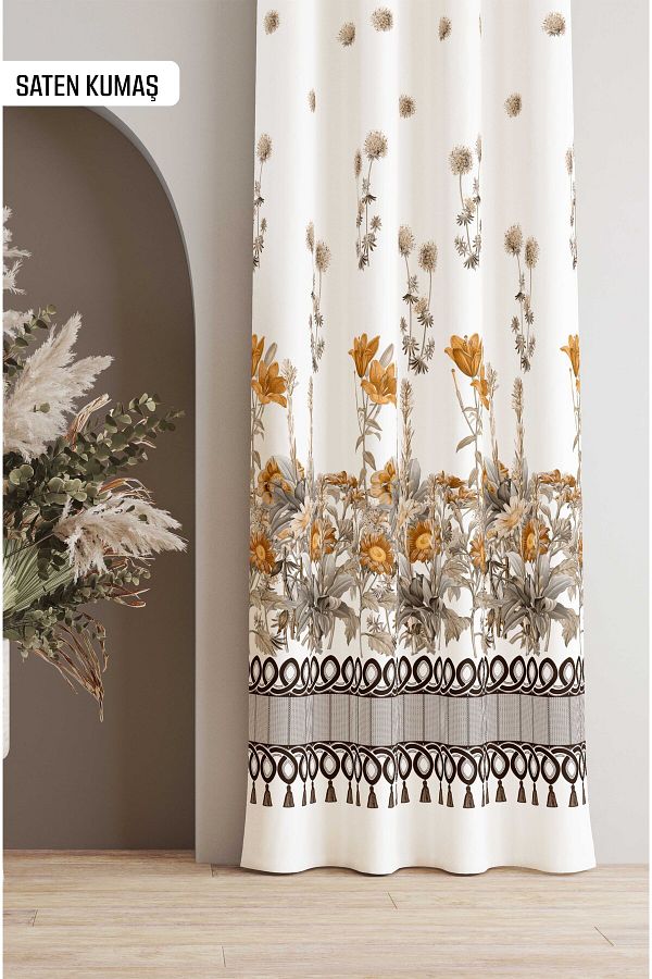 Diper-Nostalgia Patterned Digital Printed Satin Fabric Fon Curtain - White Floor 1