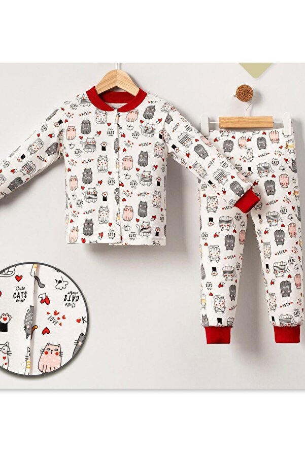 babymoon kids KIZ ÇOCUK KEDİ DESENLİ %100 PAMUK PİJAMA TAKIMI