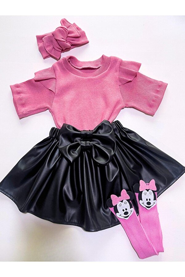 özge başaran Yaz Için Pembe Badi, Deri Etek, Bandana, Pembe Çorap, Kız Çocuk, Bebek 4 Lü Kıyafet Seti.