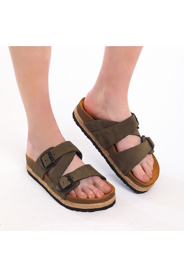 Moosefield-Papuci de damă cu talpă din paie din piele kaki 1