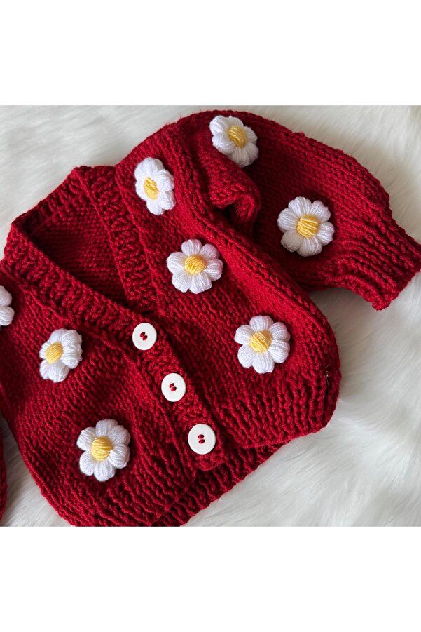 Home Çiçek Motifli El Örgüsü Bebek, Çocuk Hırka Ceket