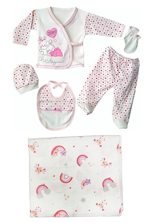 ESRARENGİZ HEDİYELER Hastane Çıkış Hediyelik Kız Bebek Yenidoğan Zıbın Takım 5 Parça Müslin Battaniyeli Set