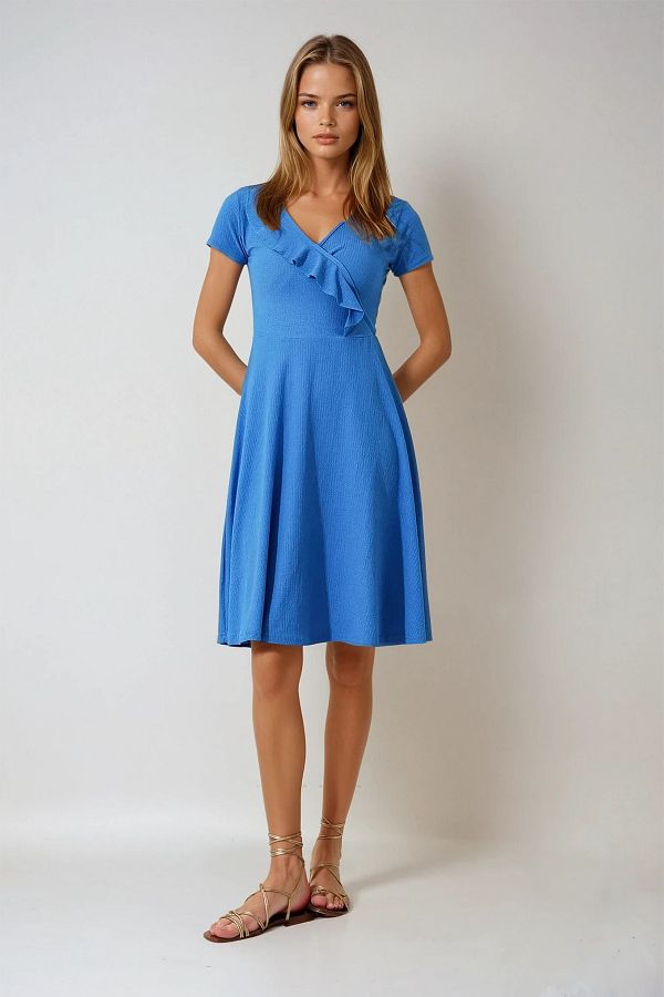 VAGGON-Women's Blue V Neck Collar Ruffled Midiboy Knitted Dress 1
