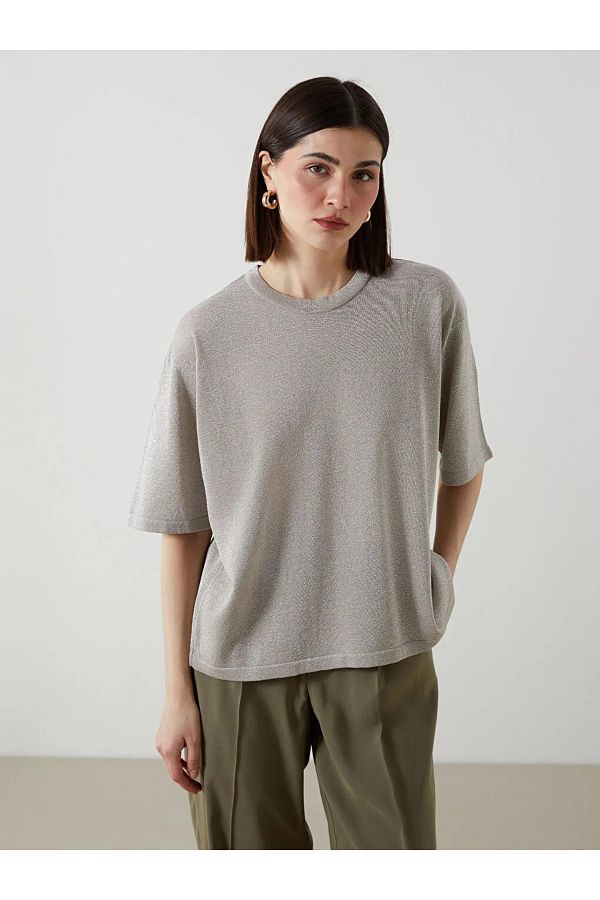LC Waikiki-Lcw Vision Brown Crew Neck Shiny Look Women's Knitwear Sweater 1