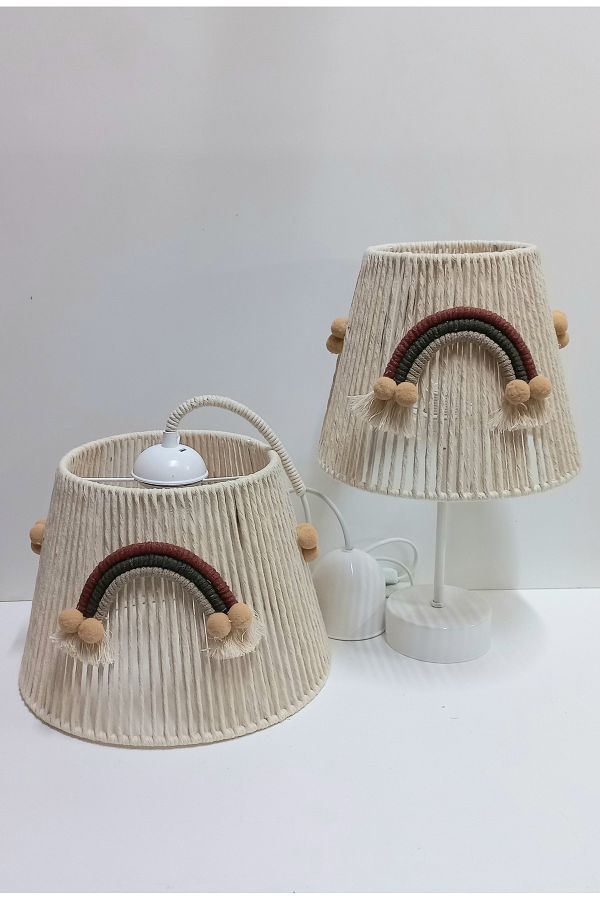 C&A&B KUZEY AVİZE-Ecru Macrame Rope Wrap - Chandelier and Lampshade Set with Rainbow Sconce 1