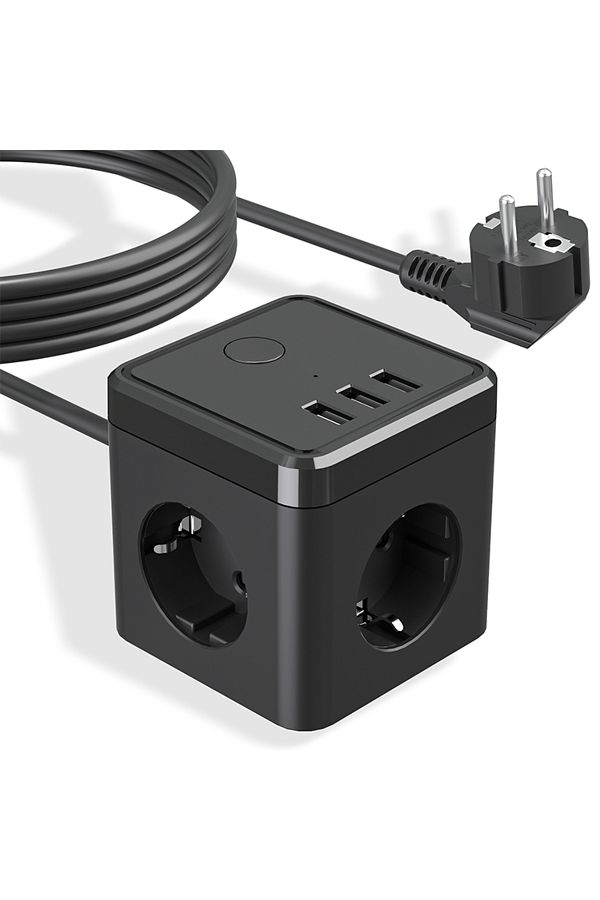 Choice-مقبس متعدد على شكل مكعب أسود مع منفذ شحن سريع USB، مقبس ثلاثي الاتجاهات مع مفتاح، 2 يورو و1 شوكو 1