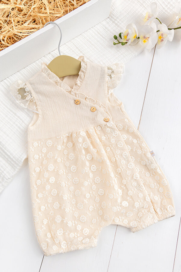 Babymod %100 Pamuk Tüllü Fırfrlı Yazlık Kız Bebek Müslin Tulum Krem