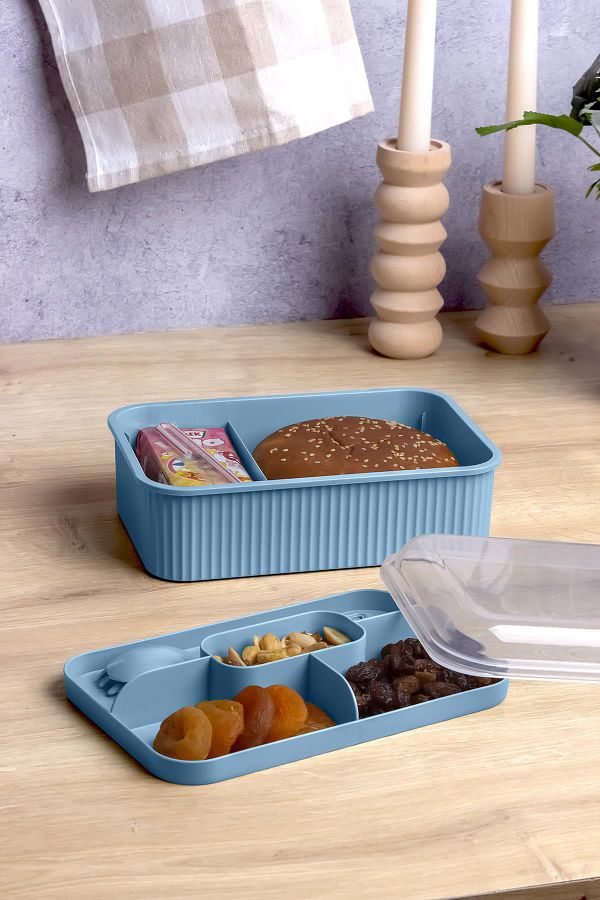 Okyanus Home-Blue Striped Lunch Box 5 Compartments Lunch Box with Fork and Spoon Transparent Lid 1