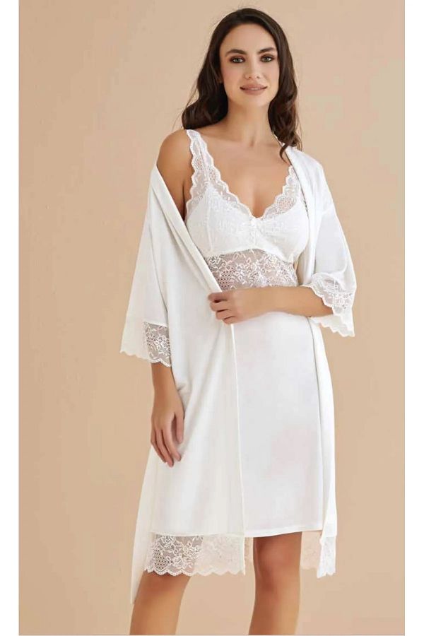ROZELT-Set pijama din dantela ecru Neglijea Cămașă de noapte R.o.z.2.0.7.5.e.l.t 1