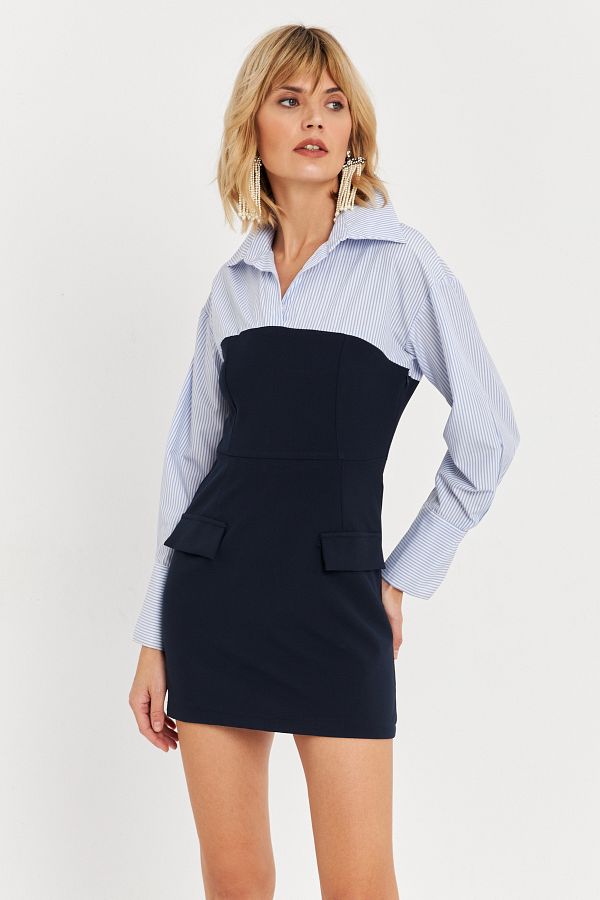 Cool & Sexy-Blaues Shirt-Block-Minikleid für Damen KED3072 1