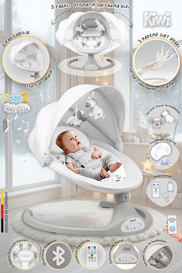 Kiwi EggyOne Elektrikli Otomatik Sallanan Bebek Ana Kucağı, 5 Farklı Sallanma Hızı, Oyuncaklı- Snow