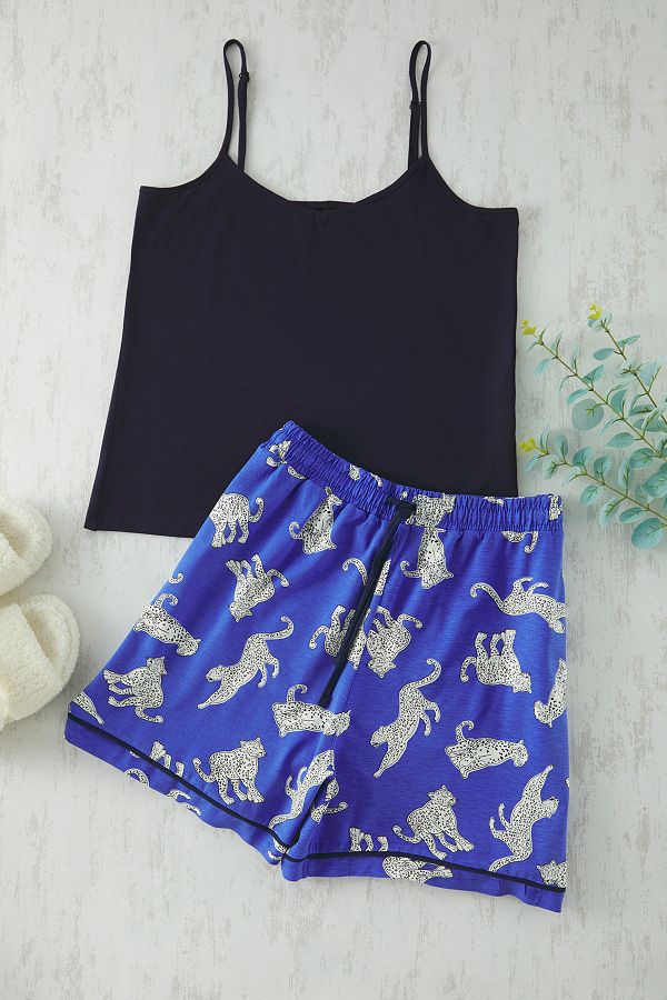 Trendyol Curve-Saks Tiger gemustertes, geripptes, gestricktes Shorts-Pyjama-Set TBBSS25AI00034 1