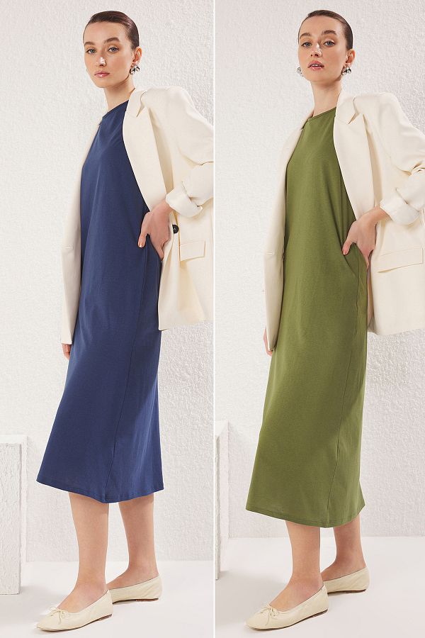 Trendyol Modest-Pachet de 2 rochii tricotate 100% bumbac bleumarin și kaki - TCTAW22UK0110 1