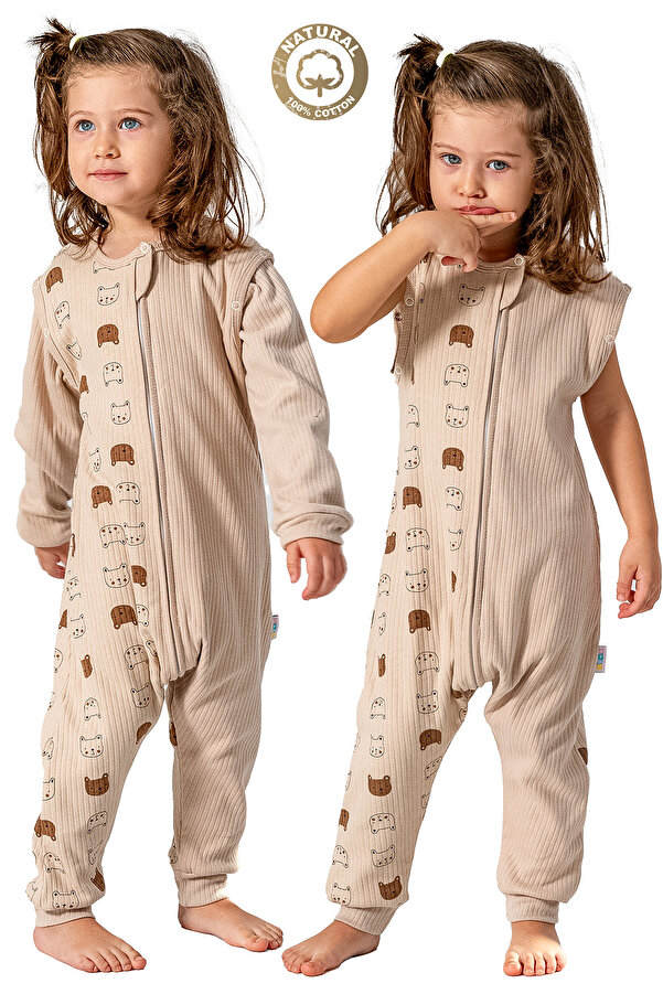 Baby Animals Kız Erkek Unisex Mevsimlik Kolları Çıkan Çift Kat Organik %100 Doğal Pamuk Bebek Çocuk Uyku Tulumu