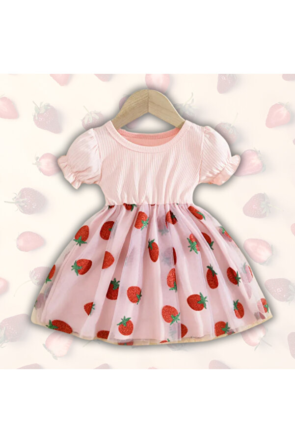 darko Çilek Pembe Kırmızı Kısa Kollu Tütülü Tütü Etekli Sevimli Kız Bebek Elbise Bayramlık