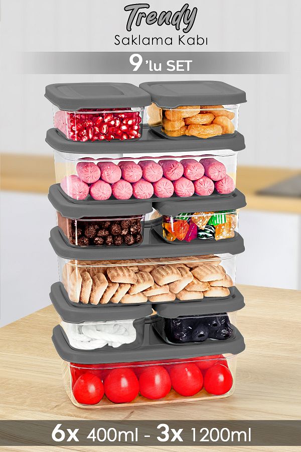 Meleni Home-Set of 9 Gray Food Storage Containers - Microwavable Organizer 1