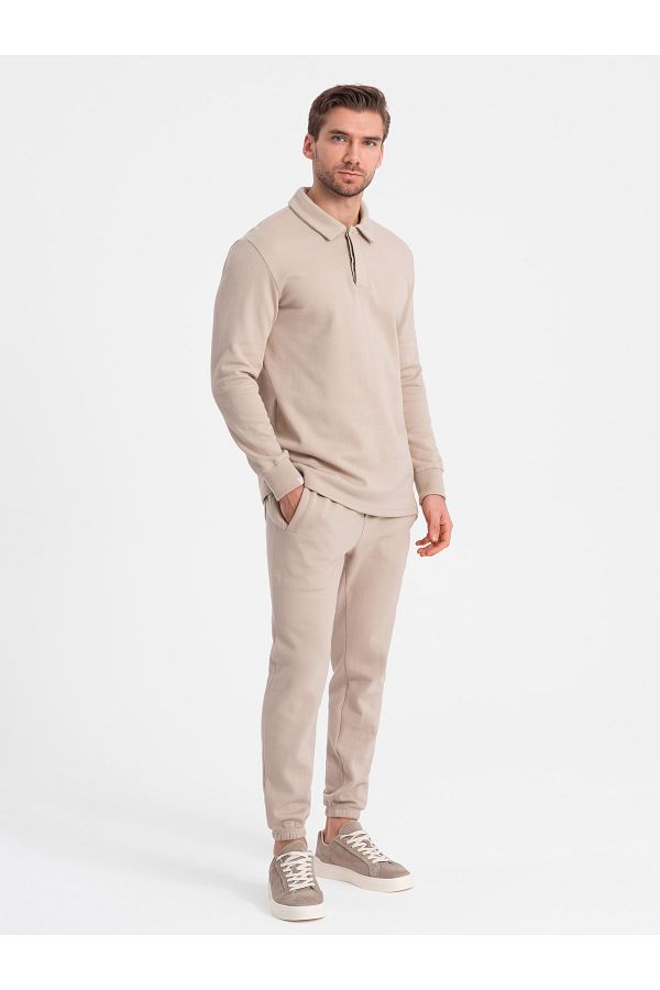 OMBRE-Herren Trainingsanzug Set Sweatshirt mit Polokragen + Hose - beige V2 Z71 XL 1