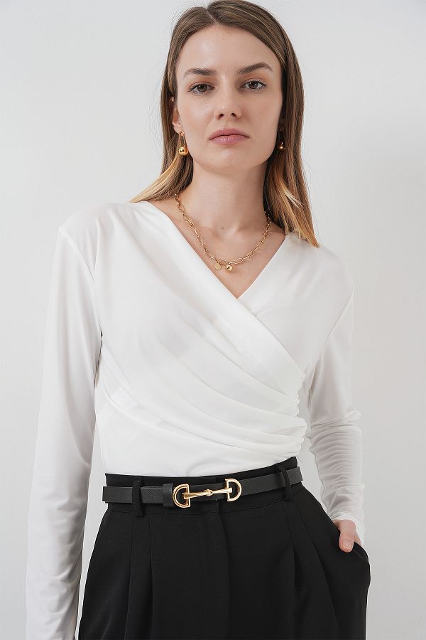 Bigdart-939 Wrap Collar Sandy Blouse - White 1