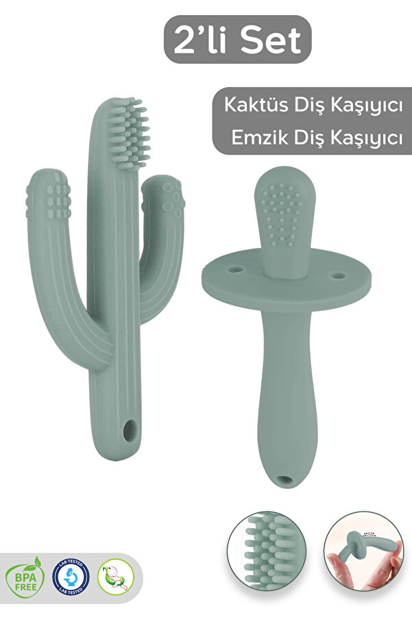 Meleni Baby 2'li Bebek Diş Kaşıyıcı Seti - Silikon Diş Kaşıma Emziği, Kaktüs Silikon Diş Kaşıyıcı - Yeşil