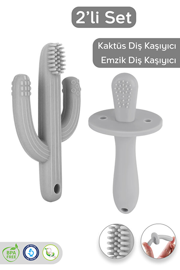 Meleni Baby 2'li Bebek Diş Kaşıyıcı Seti - Silikon Diş Kaşıma Emziği, Kaktüs Silikon Diş Kaşıyıcı - Gri