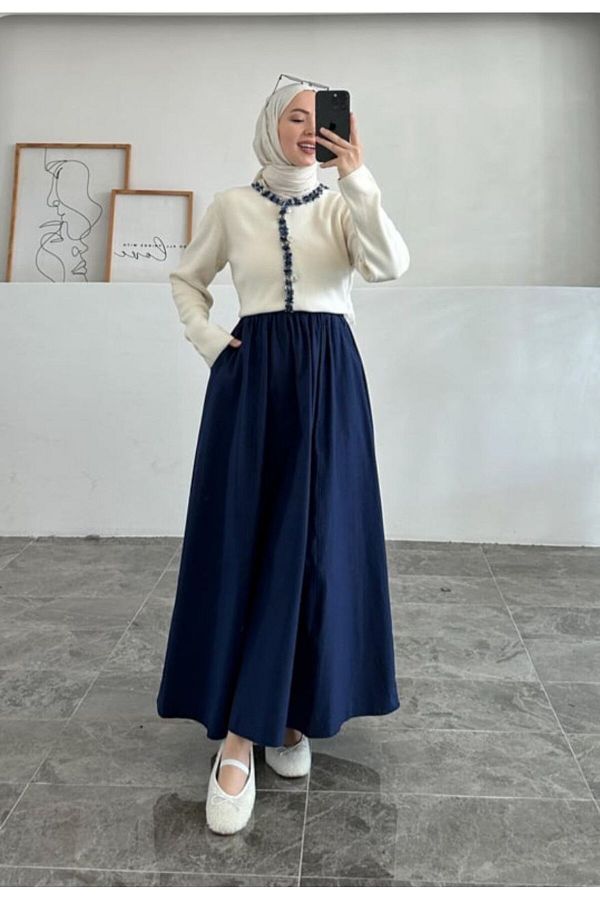 ALYAM BUTİK-Poplin Standard Size Long Skirt with Pockets 1