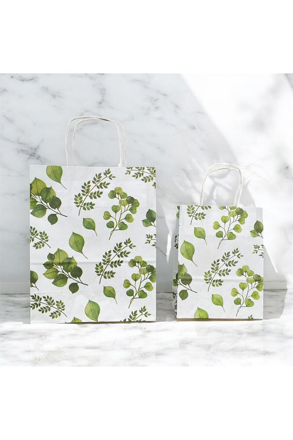 HUR-AY PACK-24 Pcs- Custom Design Leaves Printed White Paper Bags /12 Large +12 Small/ Total 24 1