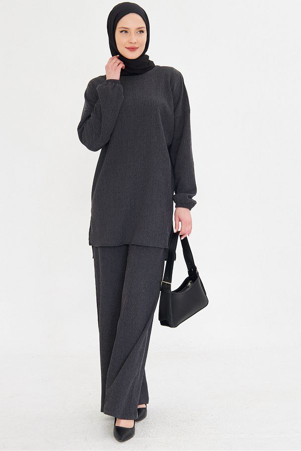 armonika-Smoked Women's Hijab Two-Piece Set - Neck Neck with Elastic Sleeves and Side Slit Pants Arm-25K 001109 1