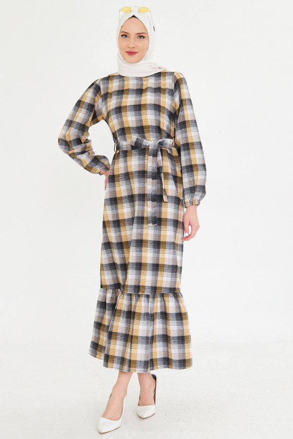 armonika-Rochie de damă, galbenă, cu gâtul în formă de zero, cu fermoar la spate, la capăt, cu volane, evantai, lungă, musulmană, ARM-25K 001102 1