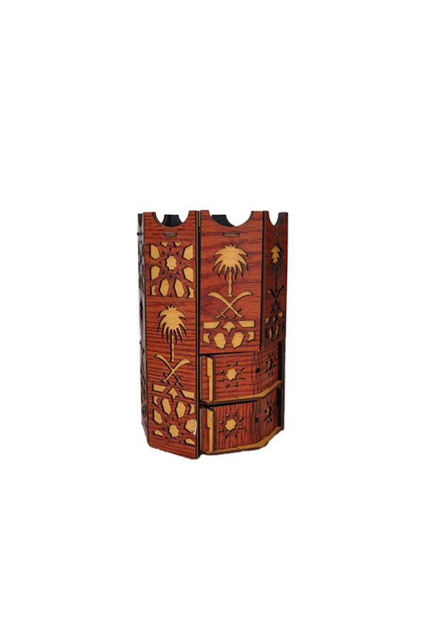 Wavy store-Incense burner in the shape of two swords and a palm tree, brown wooden color, with storage drawers 1