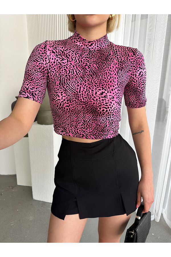 Look Forward-Bluză de damă, fucsia, leopard, cu guler în picioare, cu mânecă scurtă, din viscoză 1