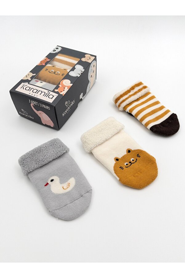 KARAMİLA 3'lü Havlu Çorap Çocuk %100 Pamuk / Bebek - Dikişsiz (1-2 Yaş Silikon Tabandır )