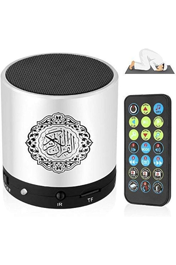 AWH-Digital Quran Speaker – FM Radio, Remote Control, 18+ Reciters, 15+ Translations, MP3 (Silver). 1