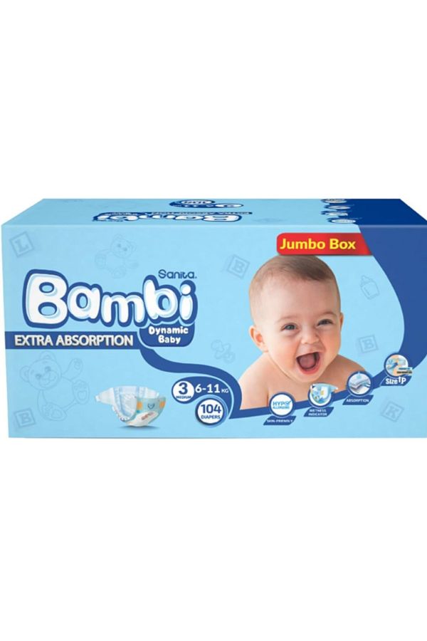 Sanita Bambi-حفاضات سانيتا بامبي العبوة الضخمة- حجم 3، وسط، 11-6 كيلو، 104 حفاض 1