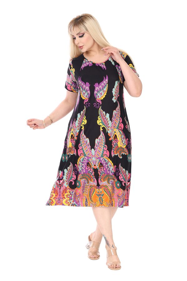 MELSAY-Women's Short Sleeve Plus Size Black Shawl Pattern Standard Fit Viscose Dress Size Range 44-52 1