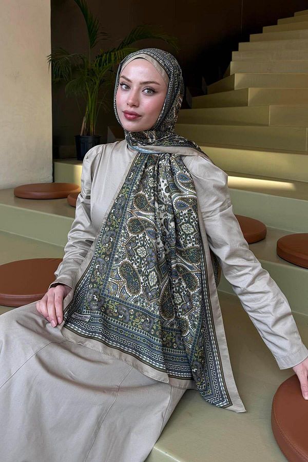 lamelif.com-Oil Green Retro Patterned Soft Shawl 1