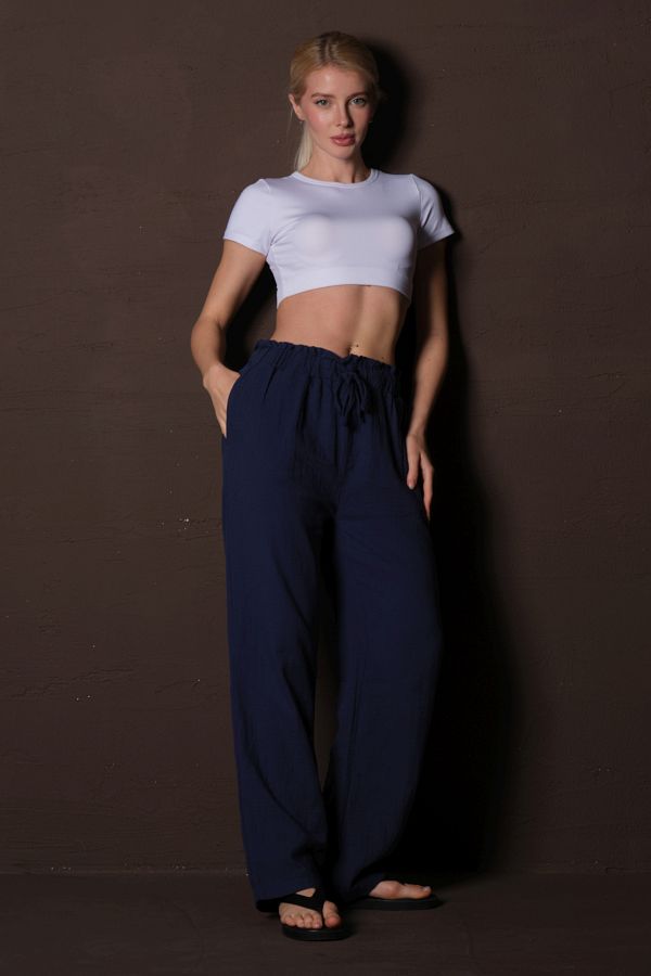 Maule-Damenhose aus 100 % Baumwoll-Musselin-Stoff mit breiter Schnürung und elastischen Taschen @lugo 1