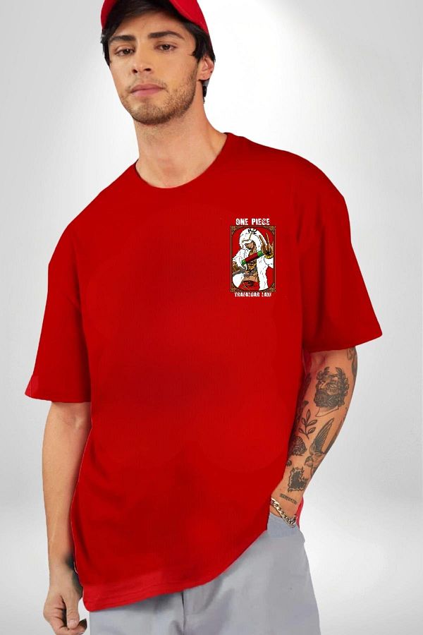 Navcoli-One Pice Trafalgar Law Anime Minimal Pocket Printed Cotton Combed Cotton Women Men Red T-Shirt 1
