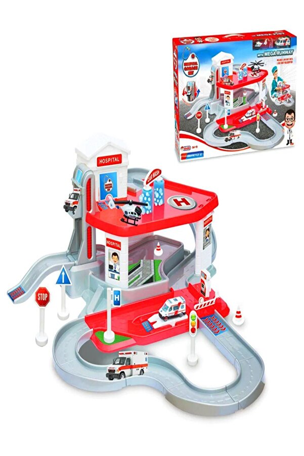 a v d a Hastane Mega 2 Katlı Oyuncak Garaj Seti Pisti - Otopark - Istasyon Araba Oyun Seti