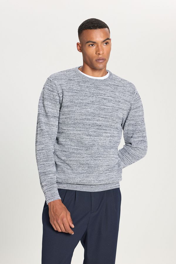 ALTINYILDIZ CLASSICS-Men's Navy Blue/Grey - Crew Neck Patterned Standard Fit Knitwear Sweater 1